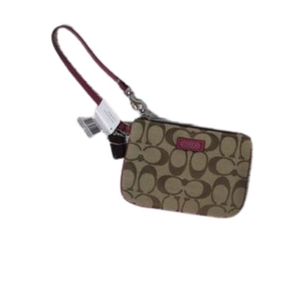Coach Small Wristlet Park Signature NEW Canvas Logo Purse Khaki Magenta - Picture 1 of 7